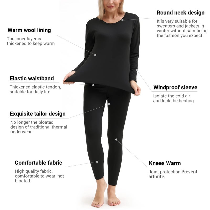 PISIQI Thermal Underwear Women Ultra-Soft Long Johns Set Base Layer Skiing Winter Warm Top & Bottom Black - Image 3